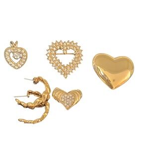 Lot of 5 Gold Tone Heart Brooches Pins Pendants Earrings Jewelry
